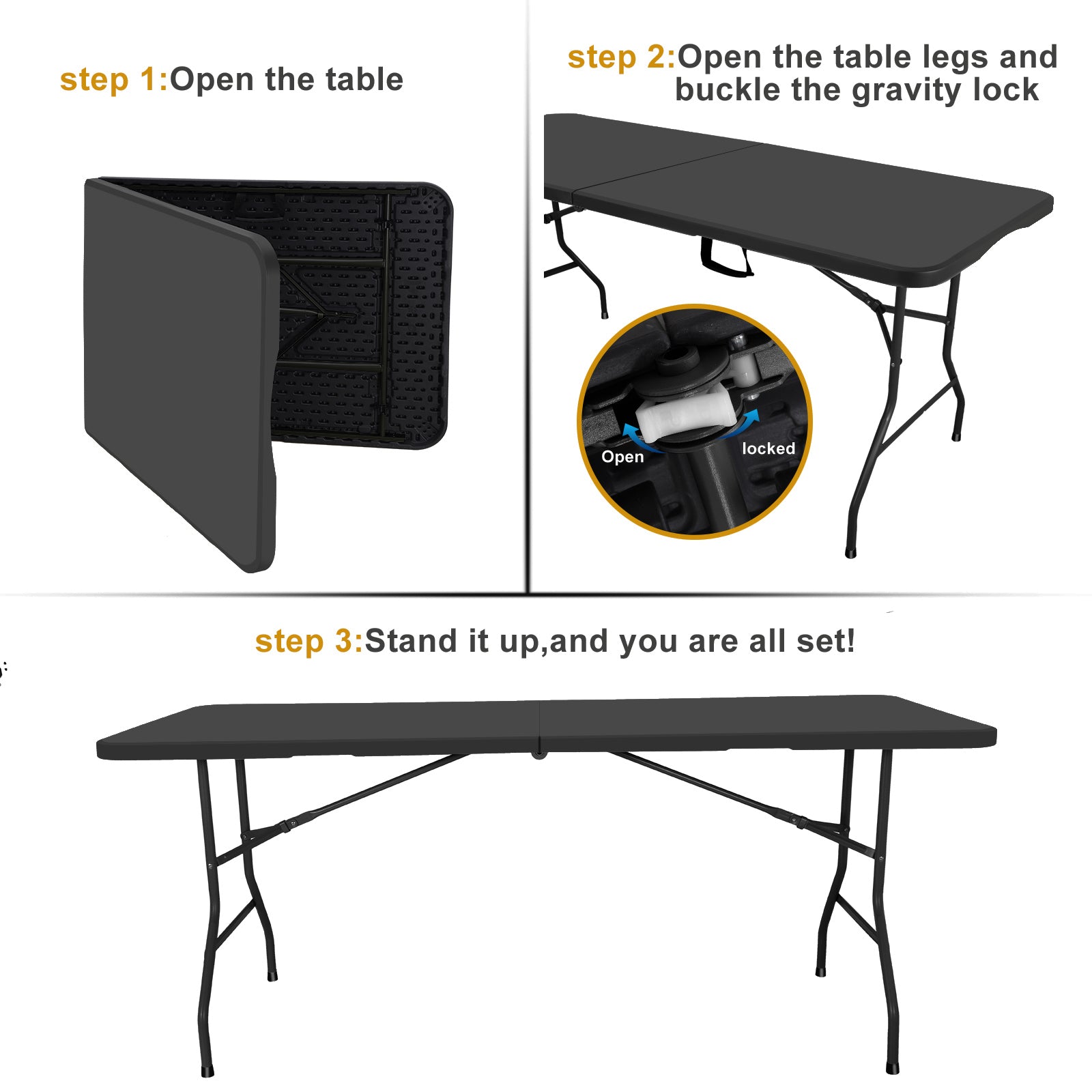 SUGIFT 6 ft Rectangular Black Plastic Folding Table