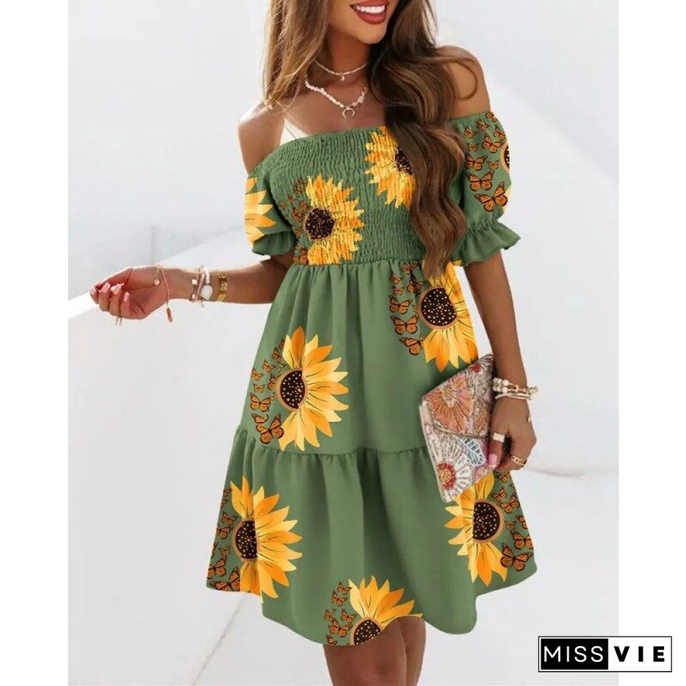 Summer Boho Beach Dress Women Short Sleeve Neck Waist Pleated Print Dress Vestidos De Mujer