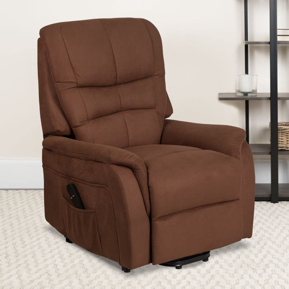 Lift Up Recliner Chair  Cushioned Microfiber Seat With Padded Square Arms  Brown   Transitional   Recliner Chairs   by Declusia  Houzz