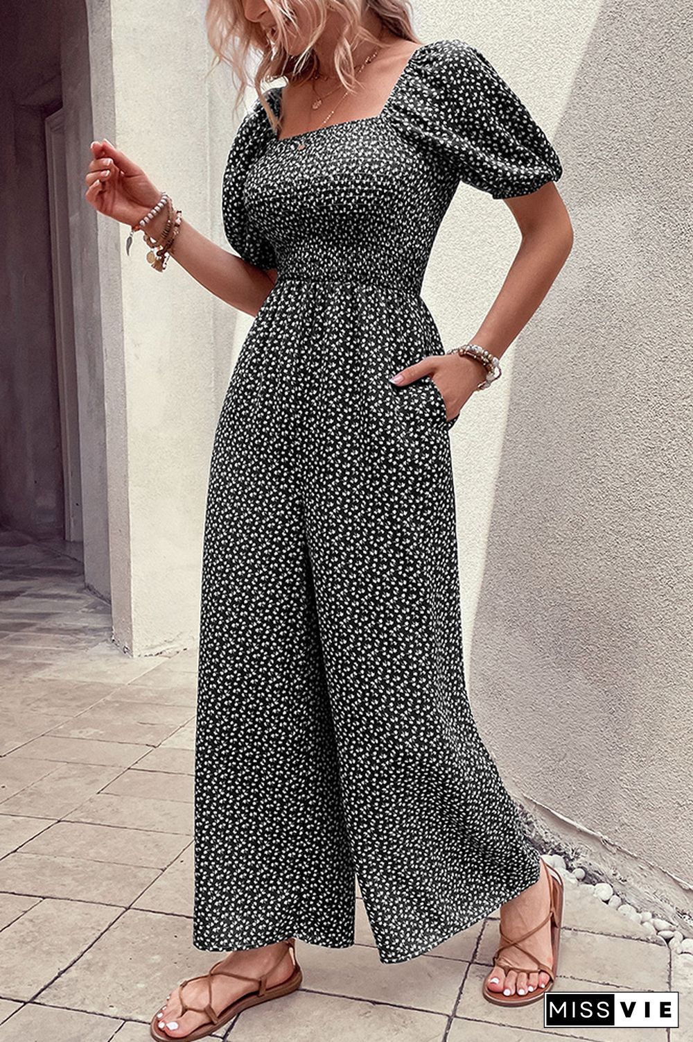 Printed Squared Neck Smocked Puff Wide Leg Jumpsuit