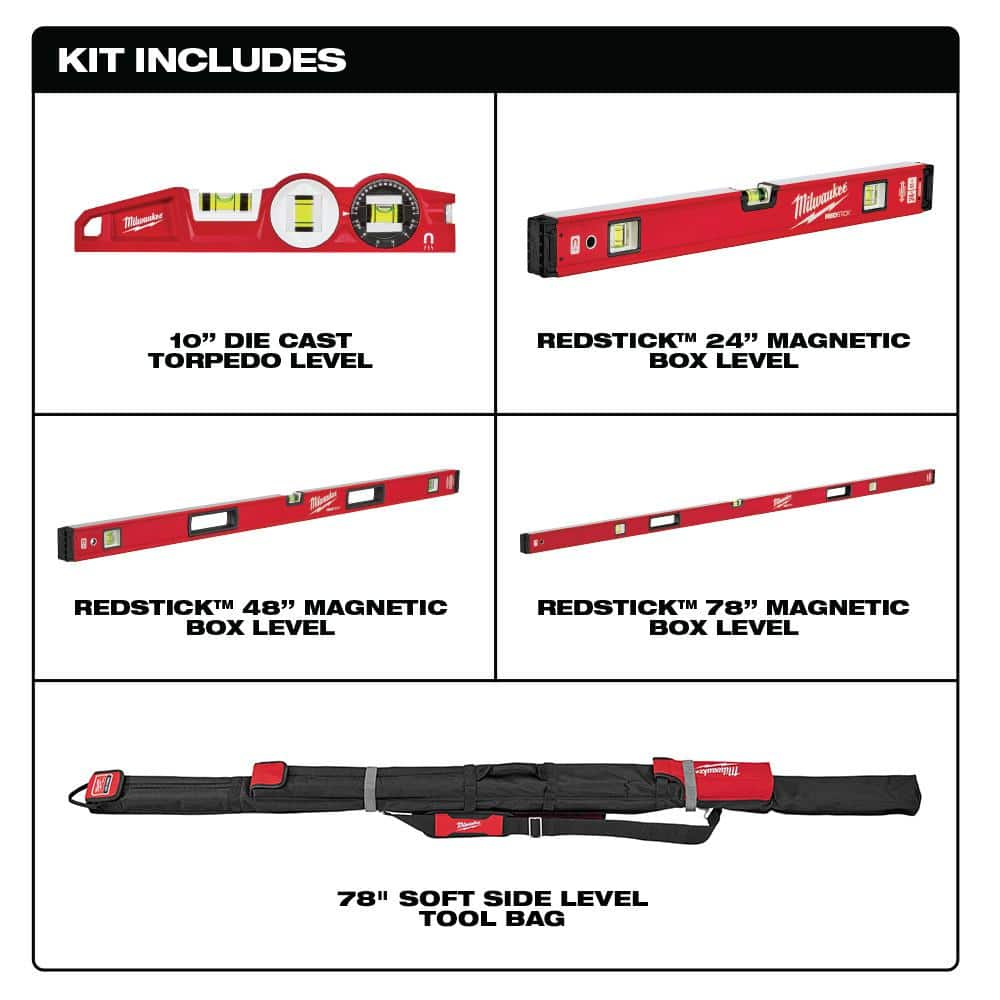 Milwaukee 10 in. /24 in. /48 in. /78 in. REDSTICK Magnetic Box and Torpedo Level Set MLBXCM78