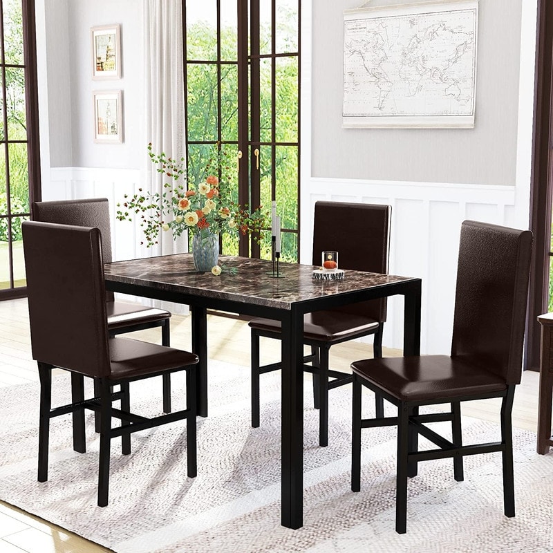 Modern Faux Marble 5 Pieces Kitchen Dining Set with 4 Cushion PU Leather Chairs