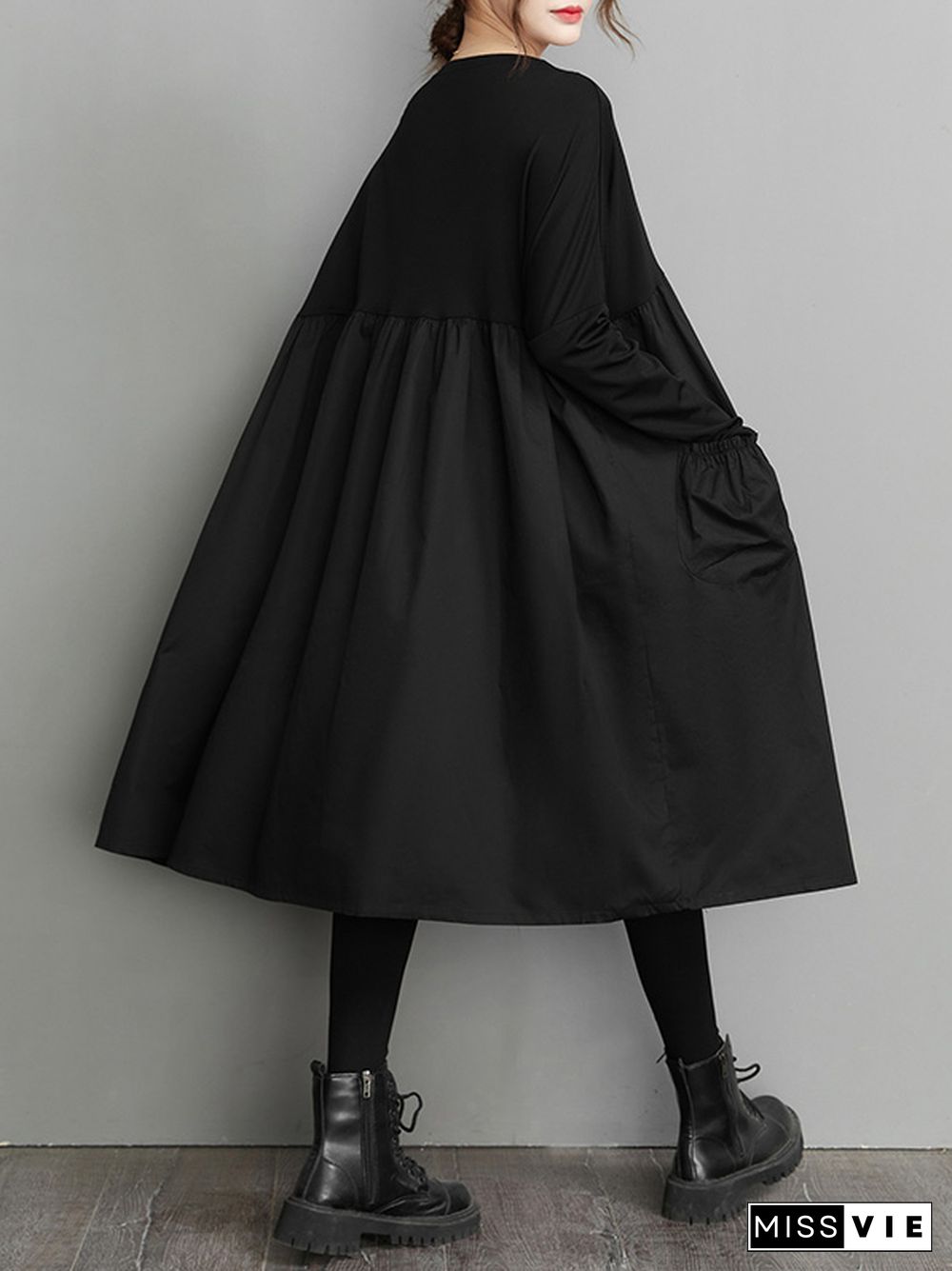 Simple Loose Black Split-Joint Long Sleeves Midi Dress