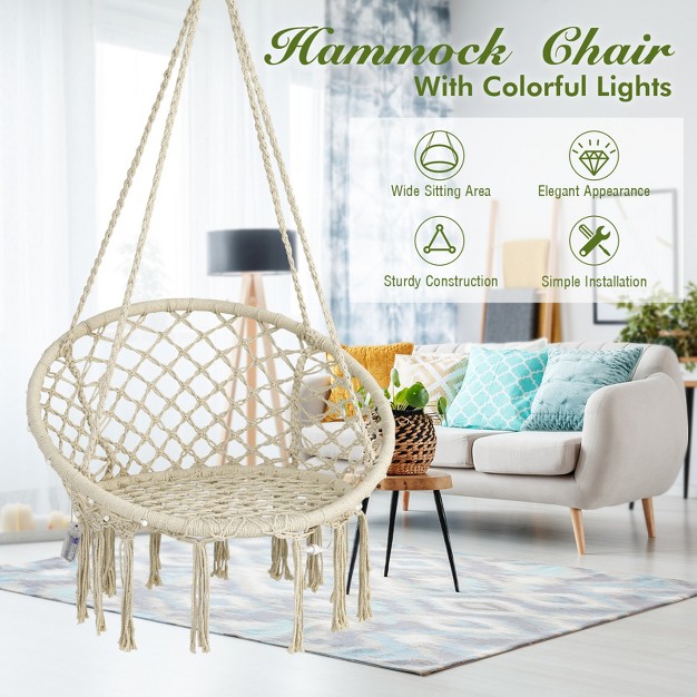 Tangkula Hammock Chair Macrame Swing Patio Hanging Hammock Chair W Led Lights Hanging Cotton Rope Hammock Swing Chair