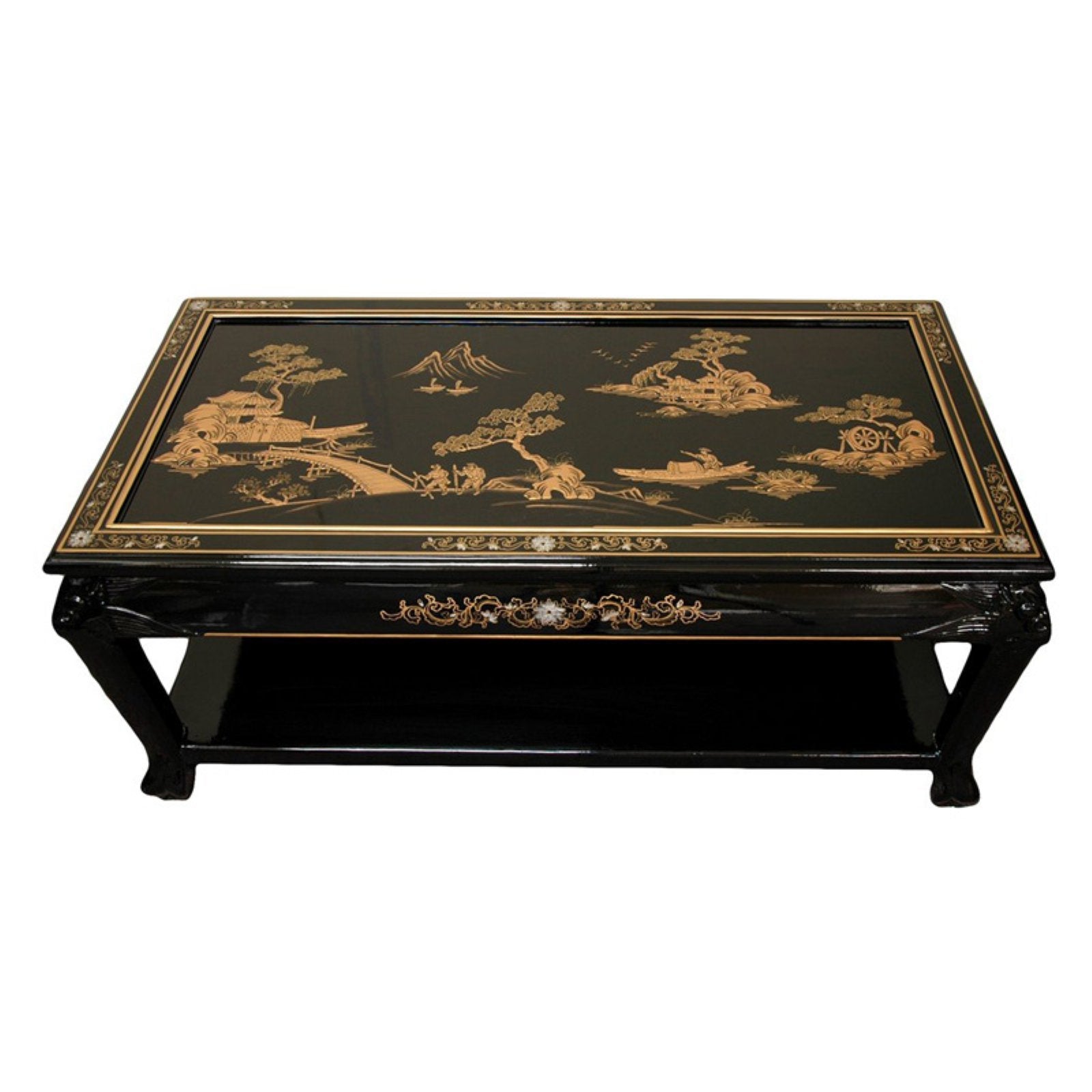 Oriental Furniture Lacquer Coffee Table with Shelf, Black Landscape