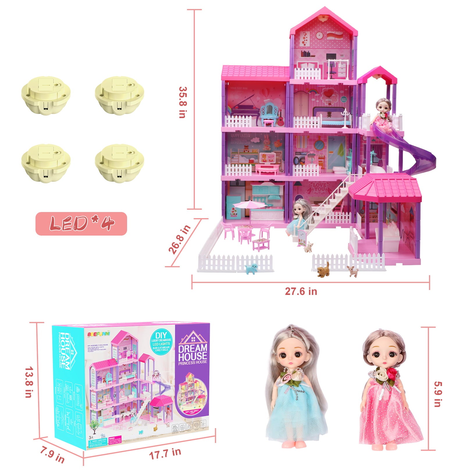 Beefunni 36 inch Dollhouse Playset Girl Toys, 11 Rooms with Doll Toy Figures Toddler Playhouse Christmas Birthday Gifts for 3 4 5 6 7 Year Old Girls