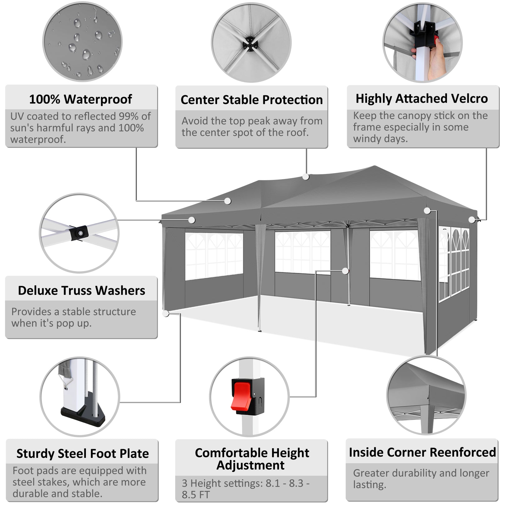 10' x 20' Outdoor Canopy Tent EZ Pop Up Backyard Canopy Portable Party Commercial Instant Canopy Shelter Tent Gazebo with 6 Removable Sidewalls & Carrying Bag for Wedding Picnics Camping, Gray