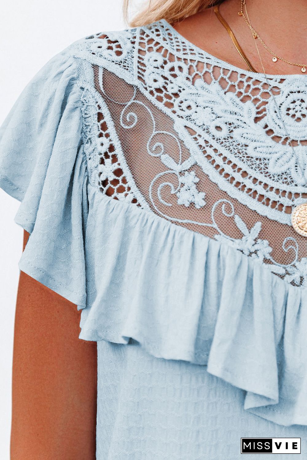 Sky Blue Lace Splicing Ruffled Short Sleeve T-shirt