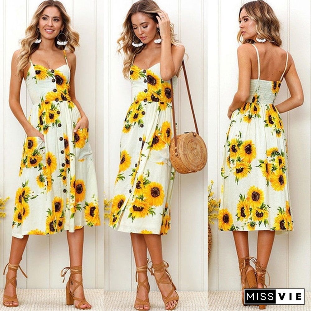 New Summer Women Strap Sundress Boho Style Midi Dress Evening Party Casual Dress Sunflower Print Dresses