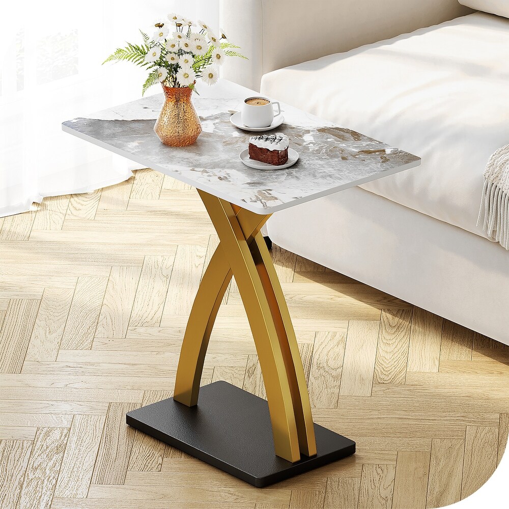 Modern Side Table with Slate Tabletop and Gold Carbon Steel Metal X Base