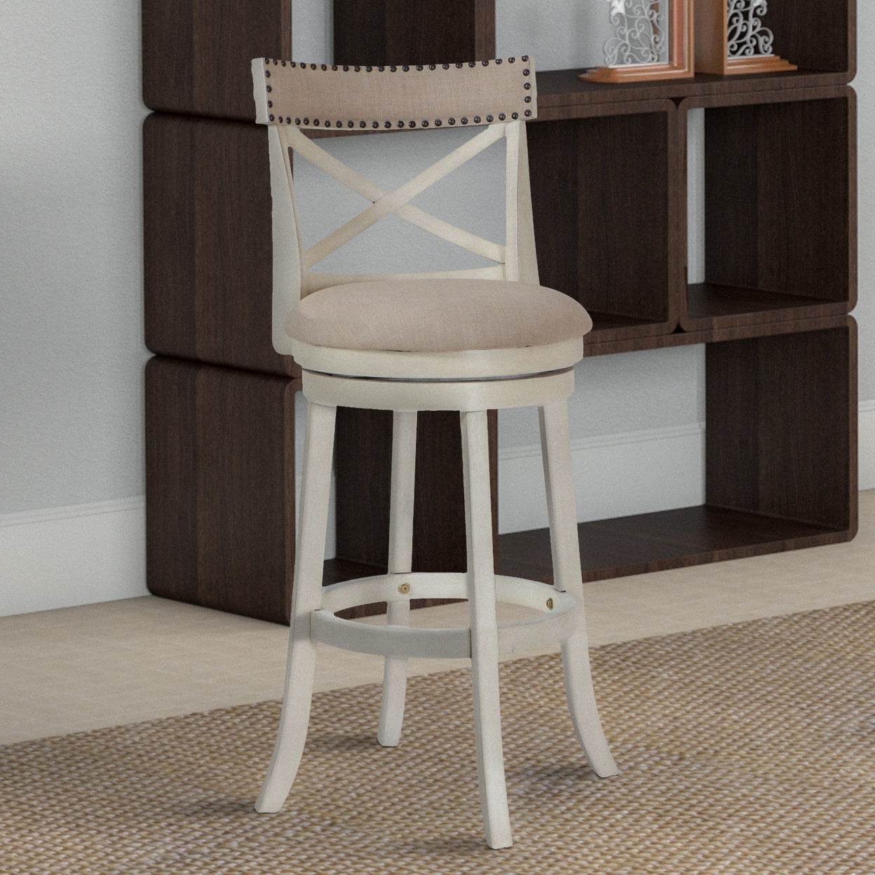 Curved X Shaped Back Swivel Barstool with Fabric Padded Seating， Antique White- Saltoro Sherpi