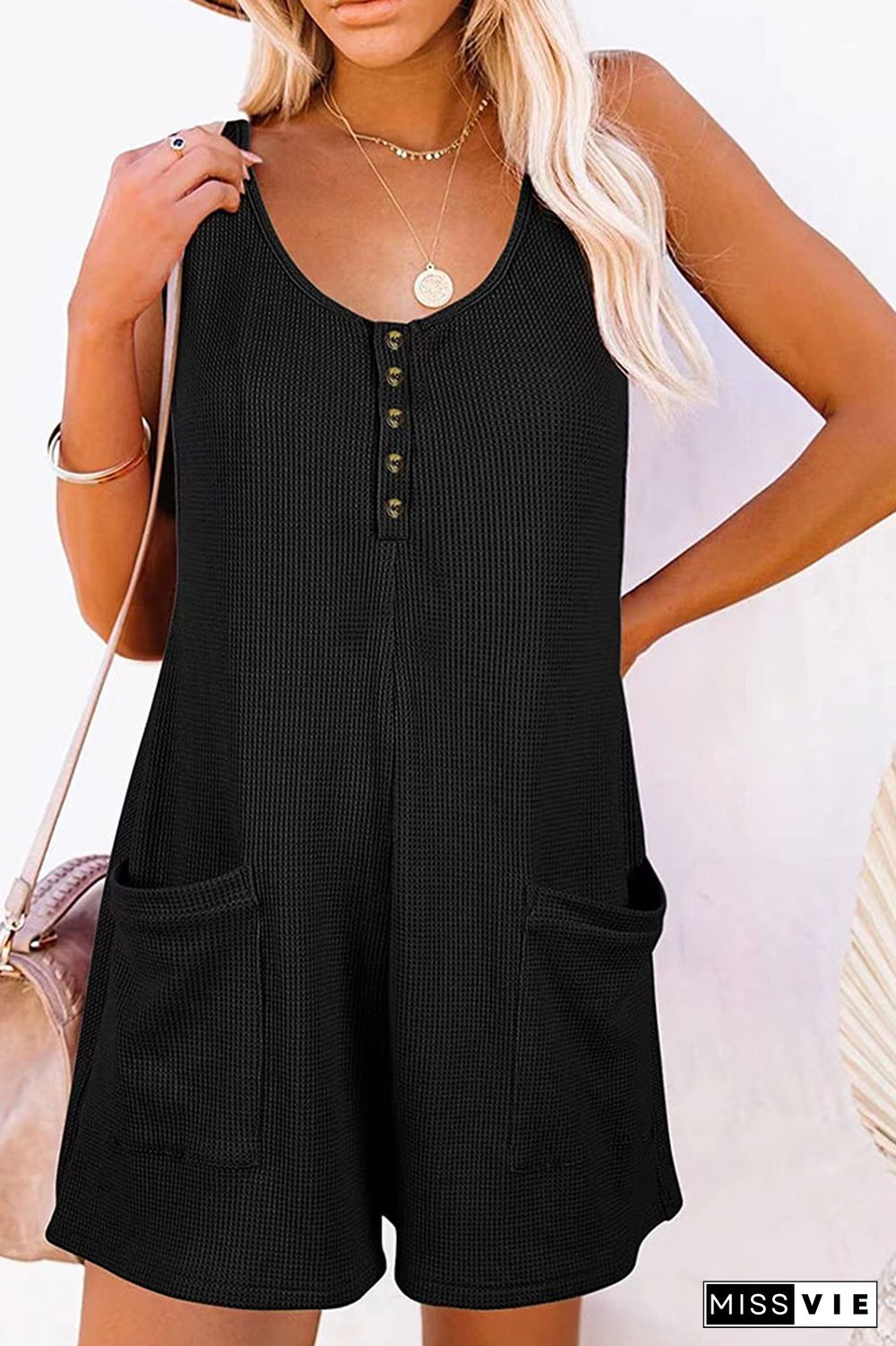 Sleeveless Button Waffle Romper with Pockets