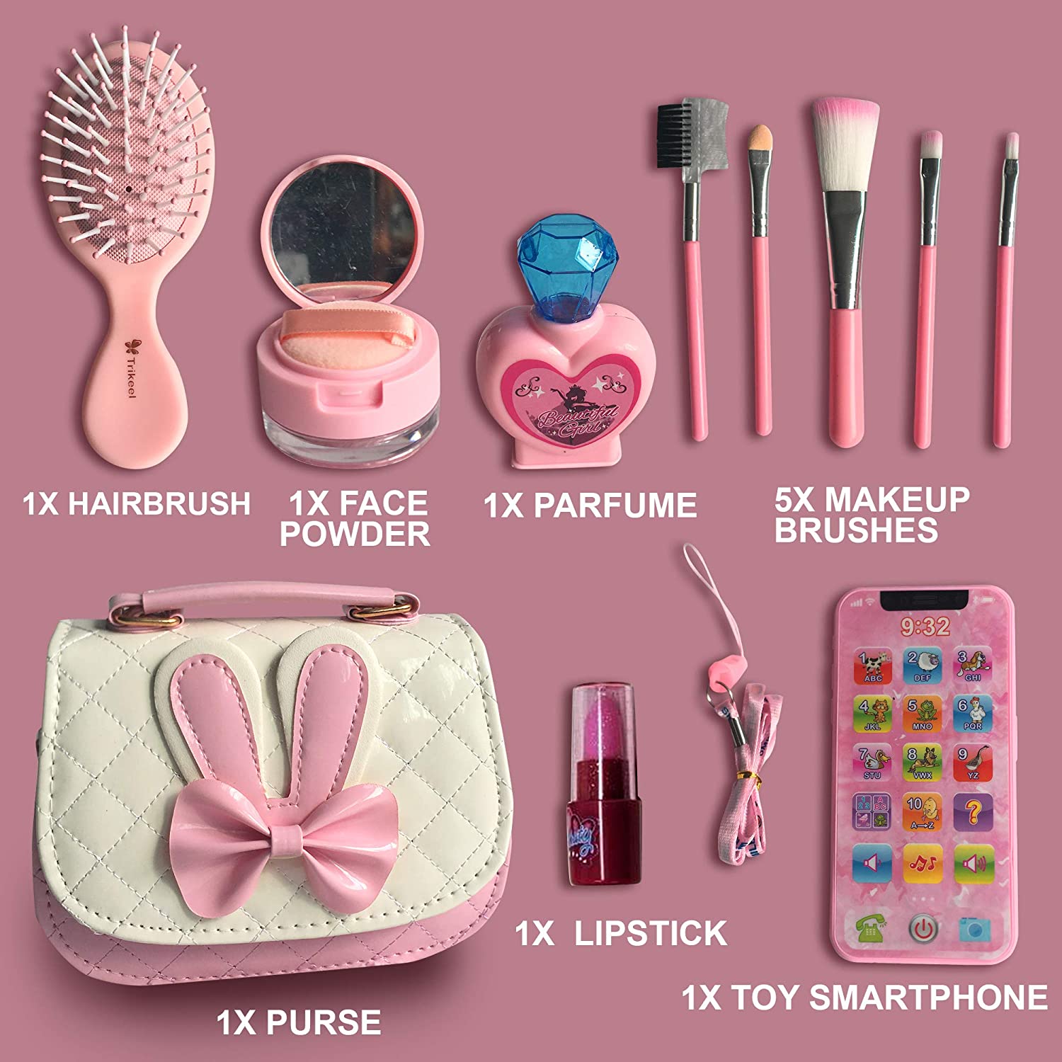 Nylea Pretend Makeup Purse Bag Play Kit for Little Girls， Fake Phone， Hair Brush ， Mirror， Lipstick 11pcs Set