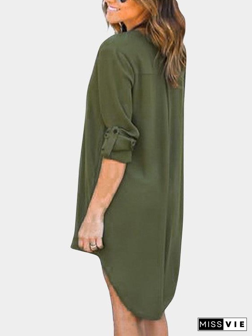 Black V-Neck Long Sleeves Irregular Hem Chiffon Dress