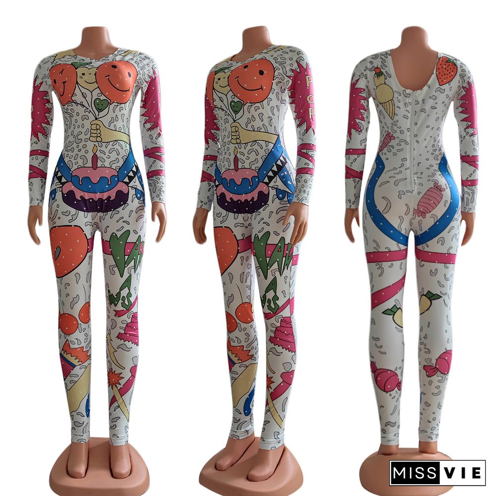 Smiley Graffiti Print Long Sleeve Casual Jumpsuit