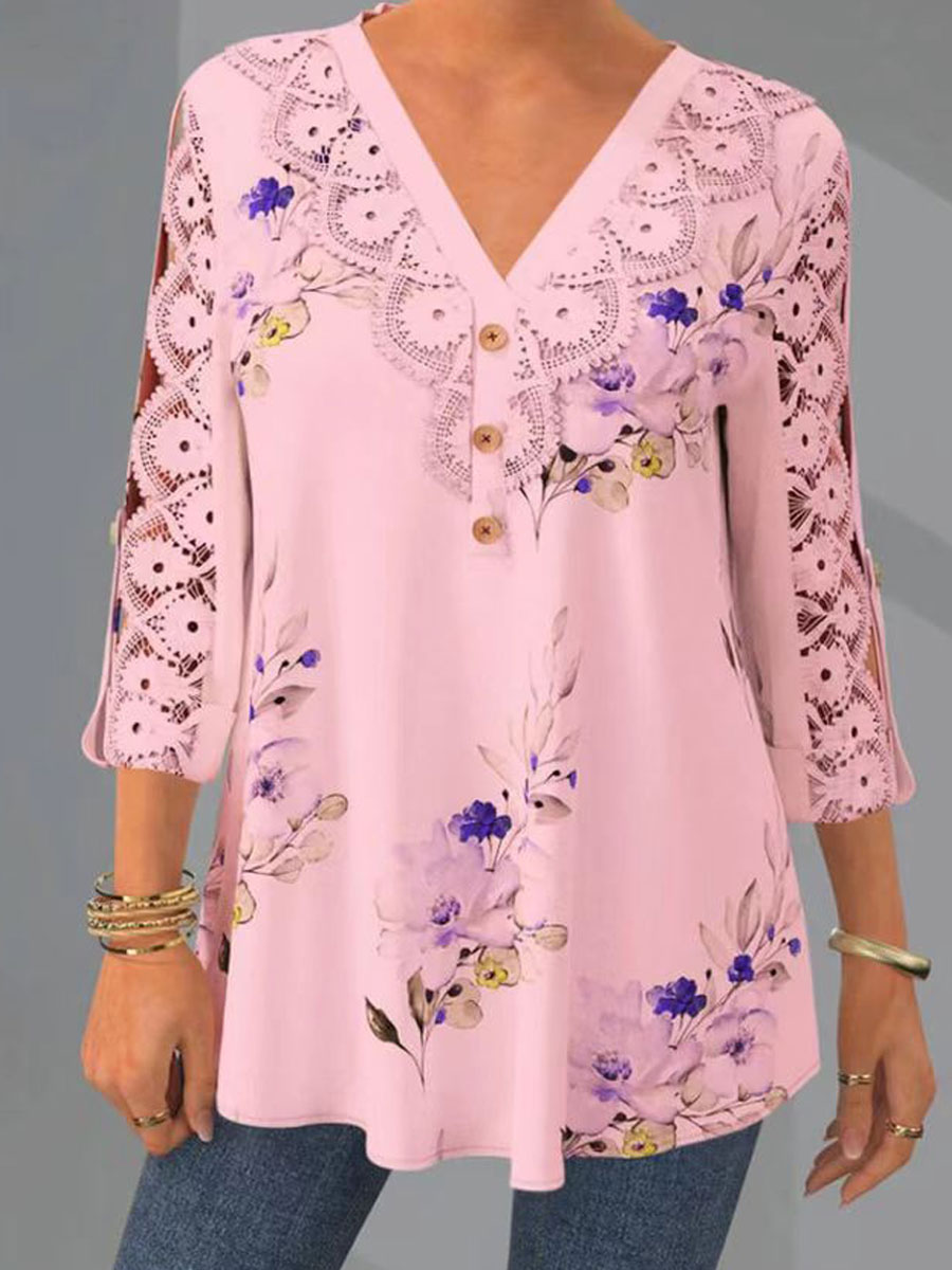 V-neck Cutout Panel Casual Loose Floral Print Long Sleeve Blouse