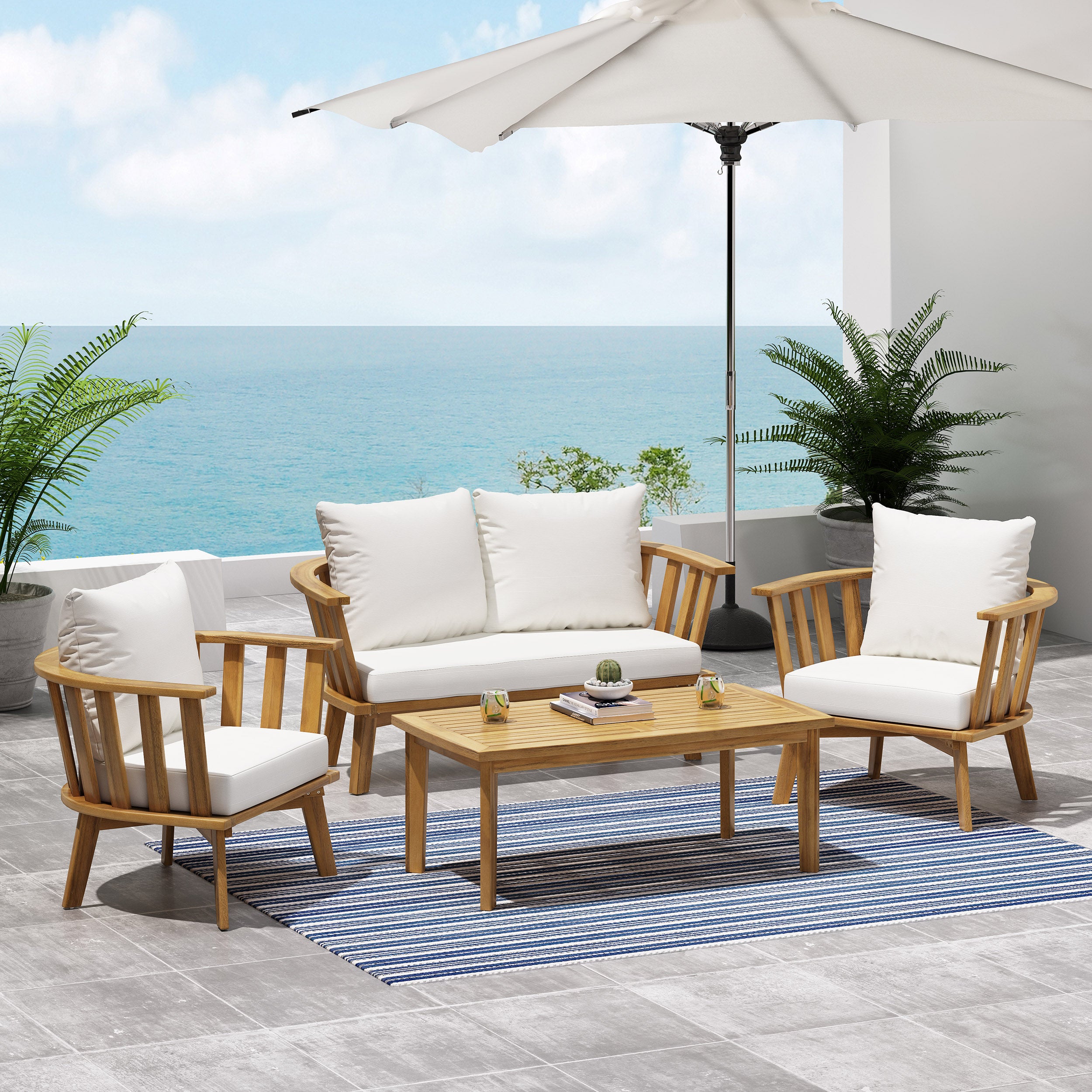 Laiah Outdoor Wooden Chat Set with Rectangular Coffee Table