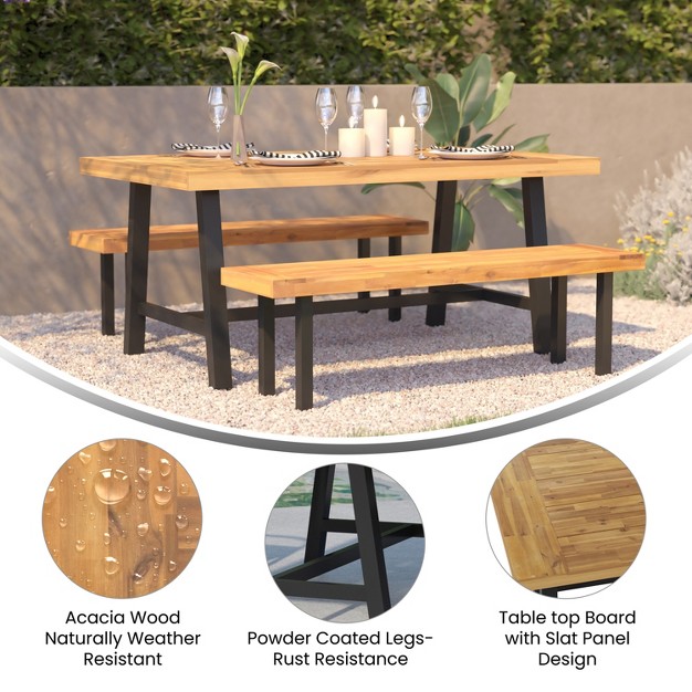 Merrick Lane Solid Acacia Wood Dining Table In A Natural Finish With Black Metal Legs For Indoor And Outdoor Use