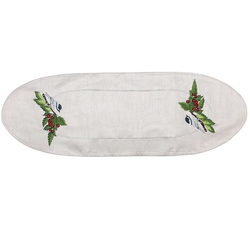 12 x 36 White and Green Chickadee and Cherries Contemporary Table Runner