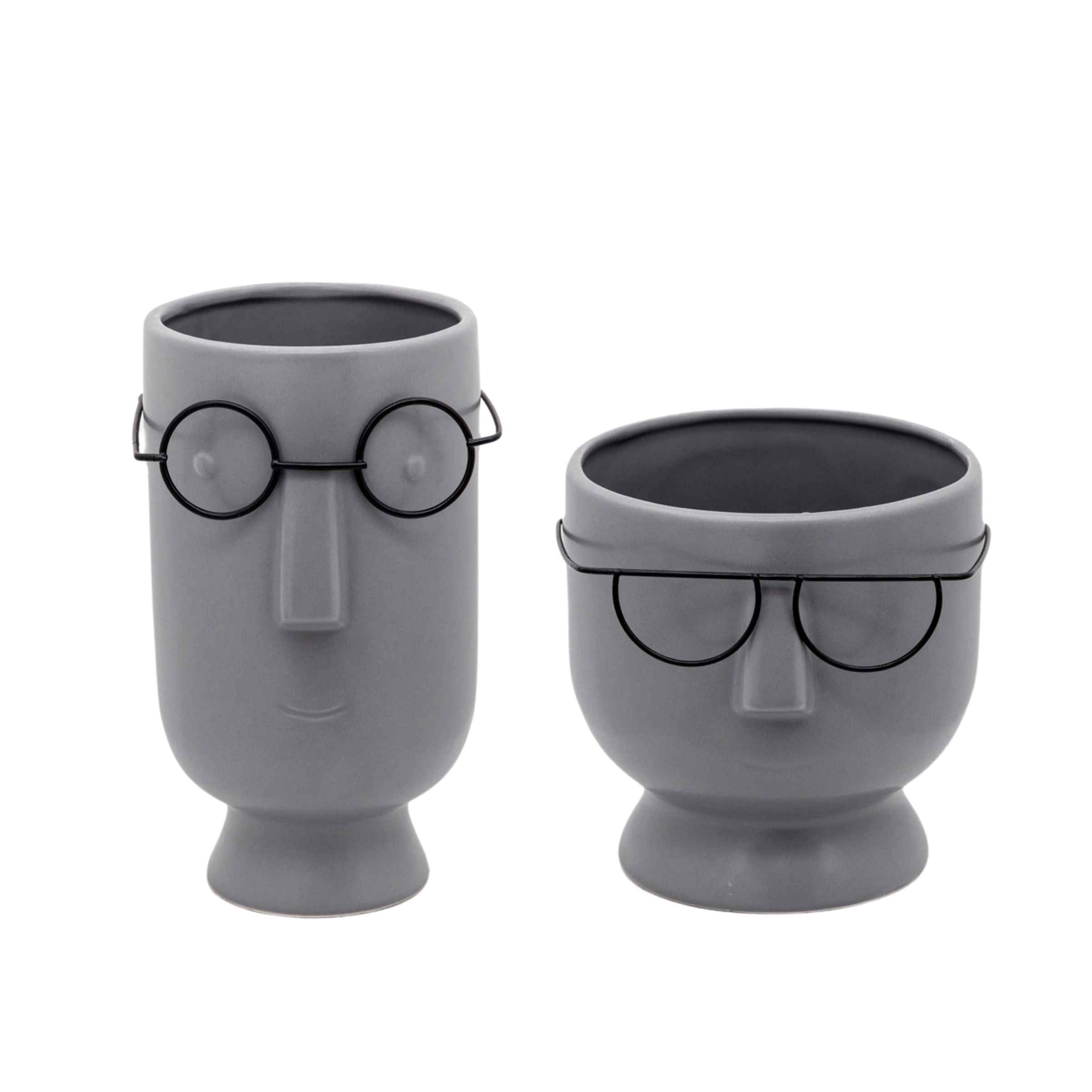 Face With Glasses Vase 22 Cm - Gray 15825-01