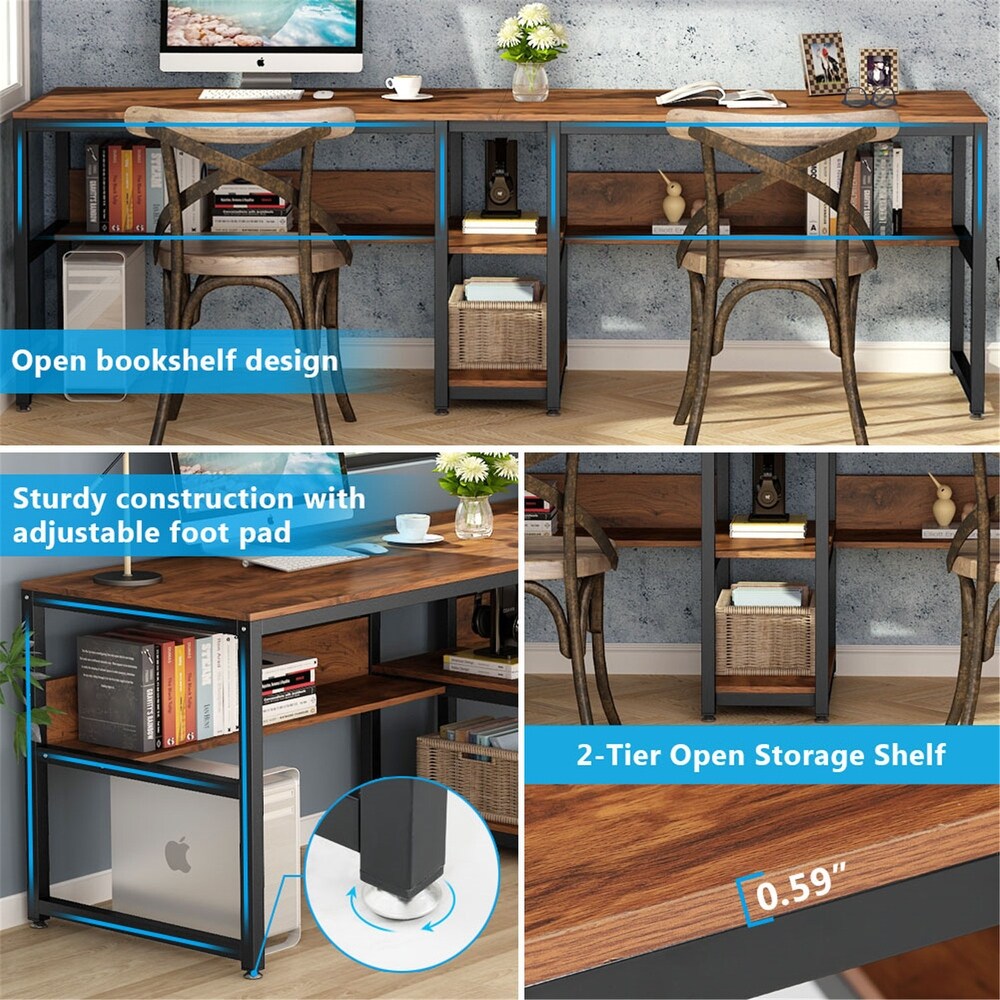 Two Person Desk with Bookshelf  Double Office Desk