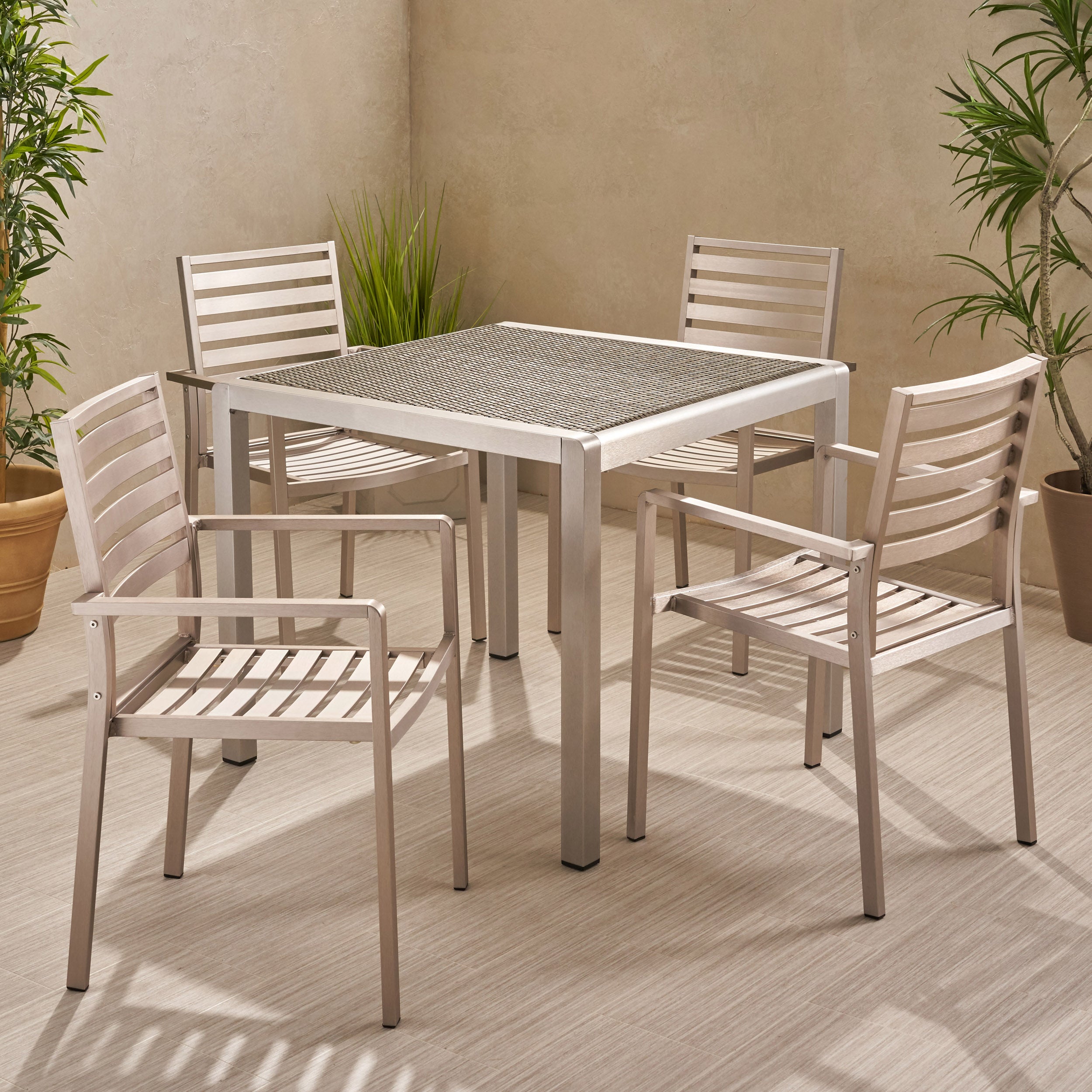 Cherie Outdoor Modern 4 Seater Aluminum Dining Set with Wicker Table Top