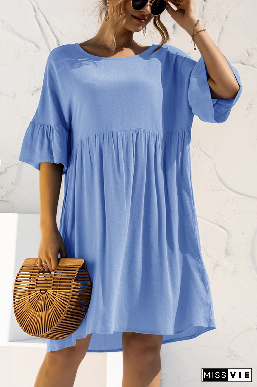 Solid Color Short Sleeve Panelled Pocket Loose Dress Wholesale