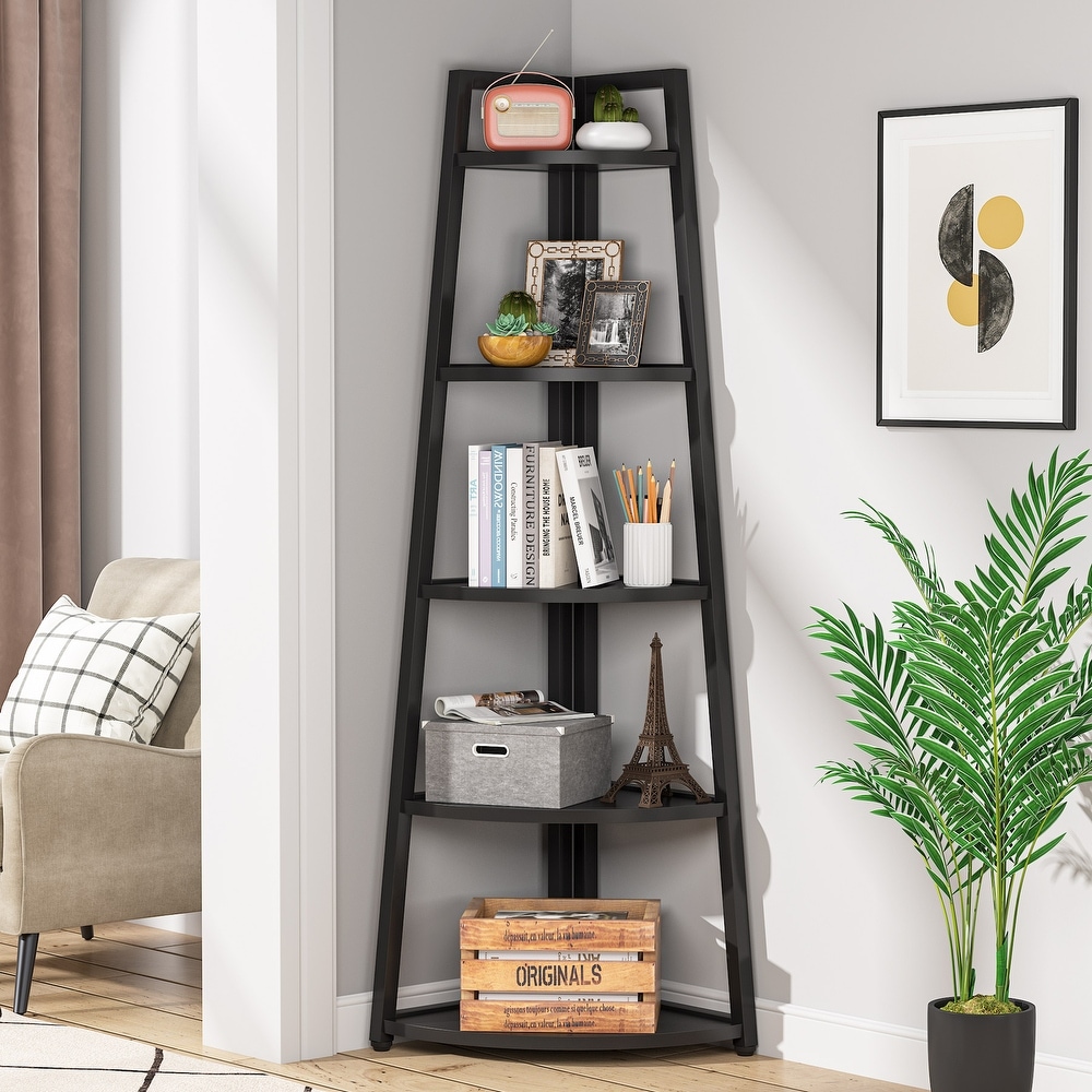 Brown/ Black Corner Ladder Shelf 5 Tier Corner Bookshelf Bookcase  White/ Gold 70 Inch Tall Display Rack for Small Space