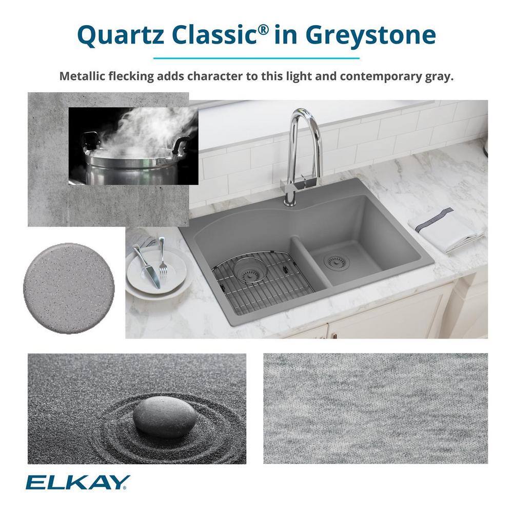 Elkay Quartz Classic Greystone Quartz 33 in. 6040 Double Bowl Drop-In Kitchen Sink with Aqua Divide ELGH3322RGS0