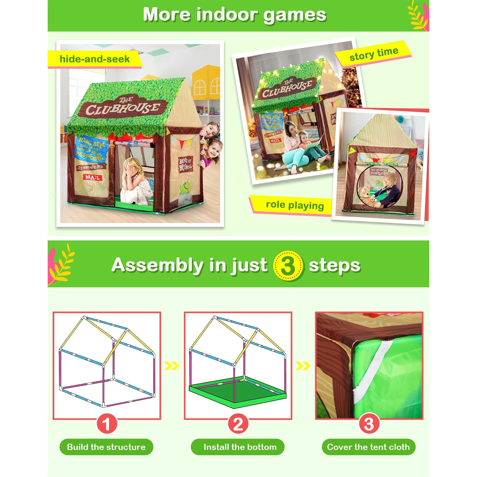 Play Tent for Kids, GIUGT Clubhouse Tent Kids Play Tent for Boys and Girls School Toys for Indoor and Outdoor Games Children Playhouse, Kids Tent with Roll-up Door and Windows (Green)