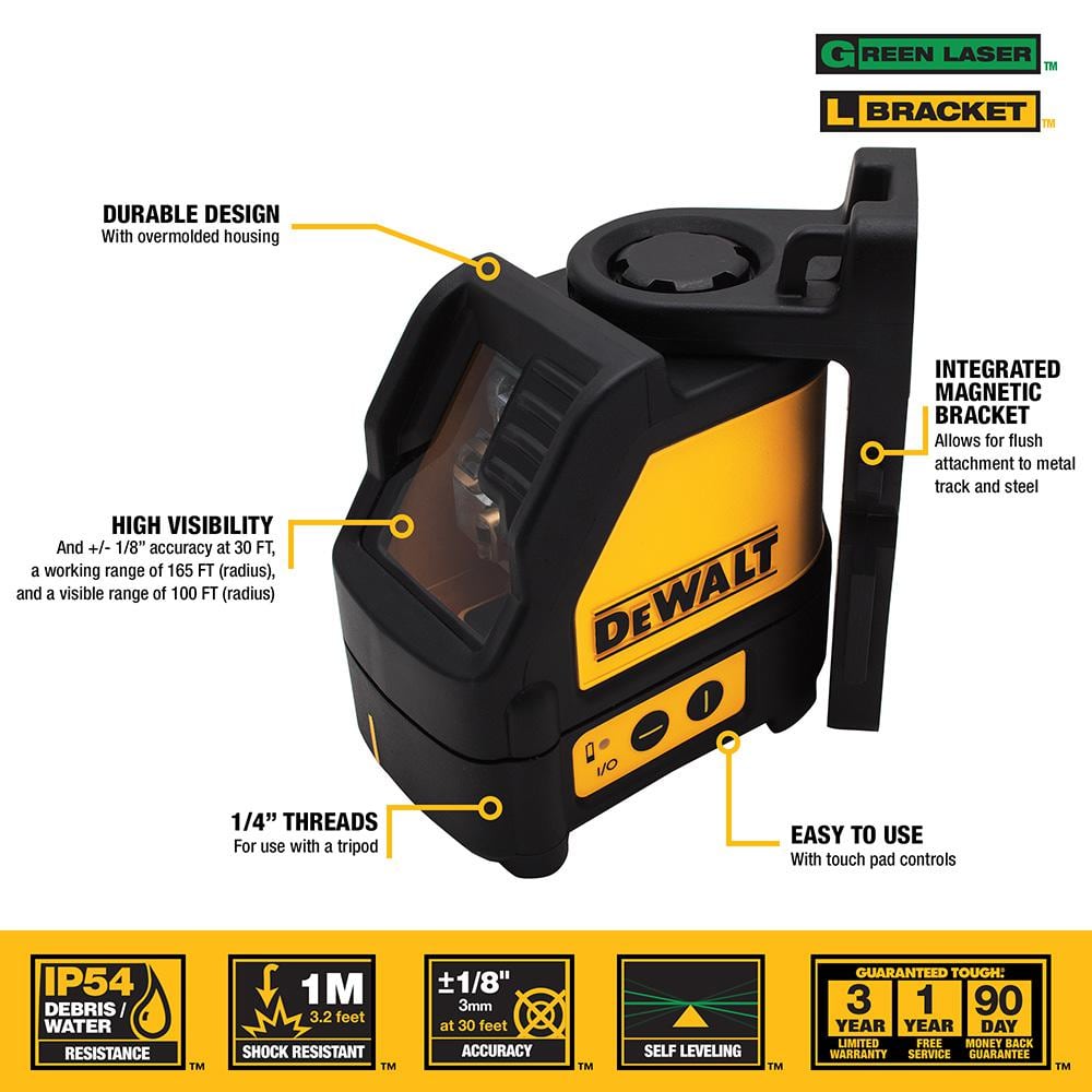 DEWALT 100 ft. Green Self-Leveling Cross Line Laser Level with (3) AA Batteries & Case DW088CG