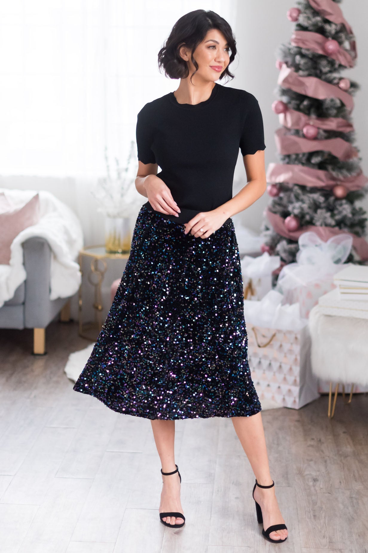 Twirling Into The New Year Modest Sequin Skirt