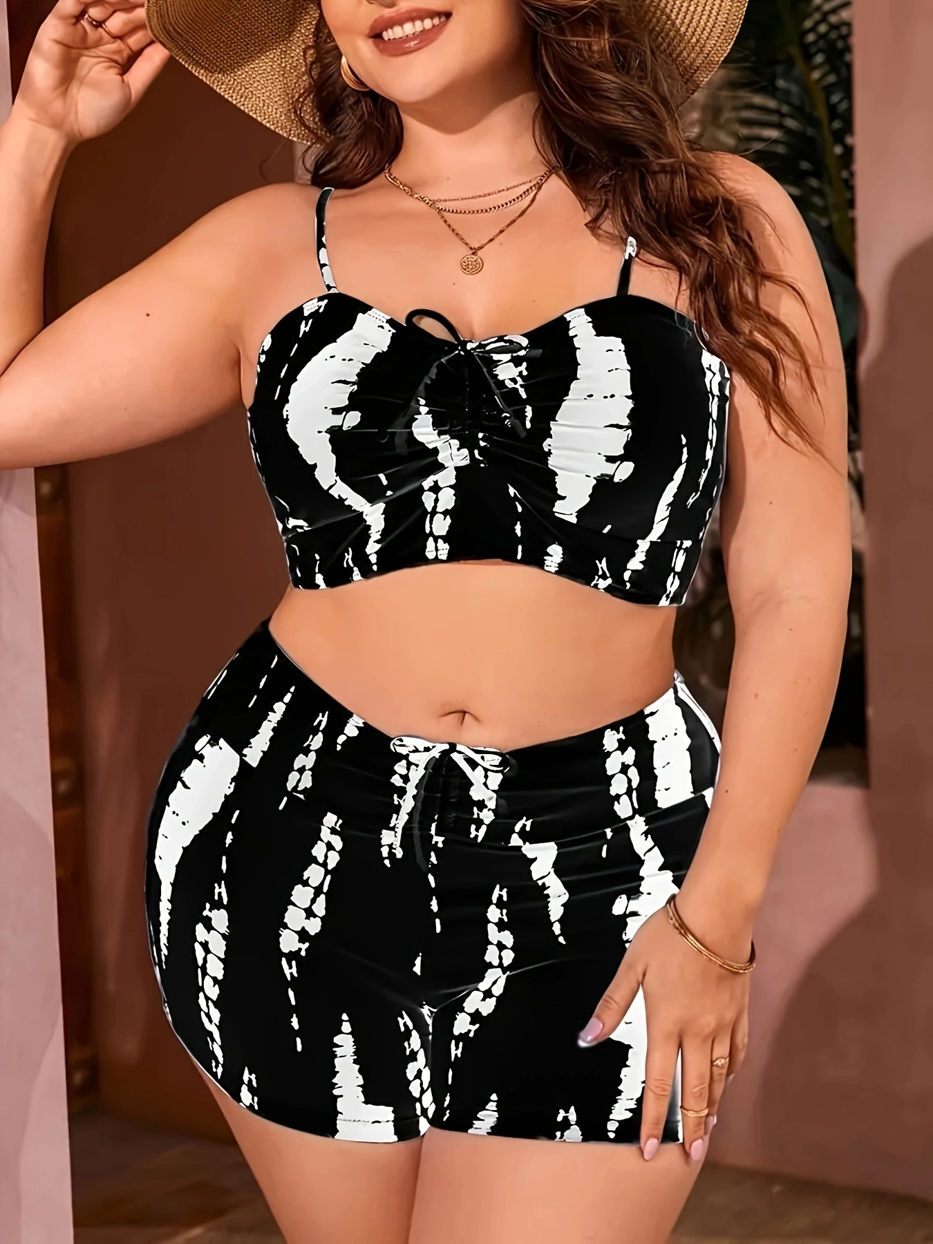 Plus Size Vacay Bikini Set, Womens Plus Allover Print Drawstring Front Ruched Bra & Shorts Swimsuit 2 Piece Set