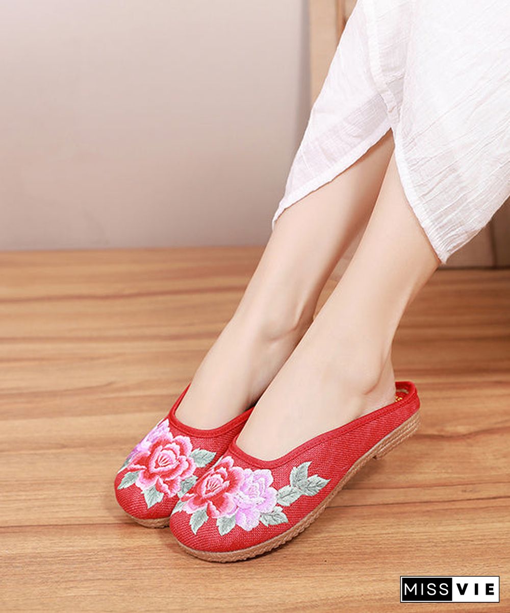 Red Slide Sandals Floral Embroideried Linen Fabric Slides For Women