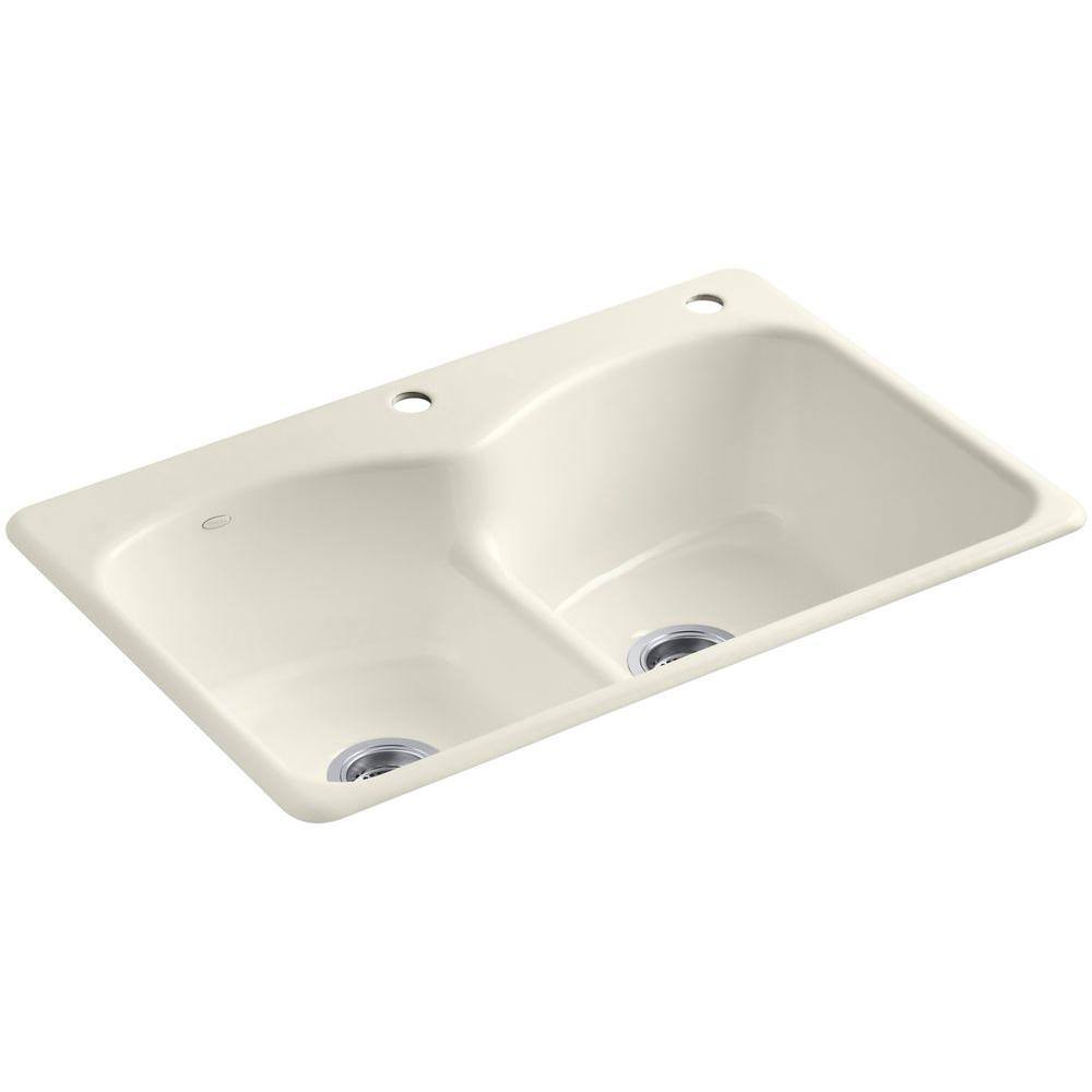 KOHLER Langlade Smart Divide Drop-In Cast-Iron 33 in. 2-Hole Double Bowl Kitchen Sink in Biscuit K-6626-2-96