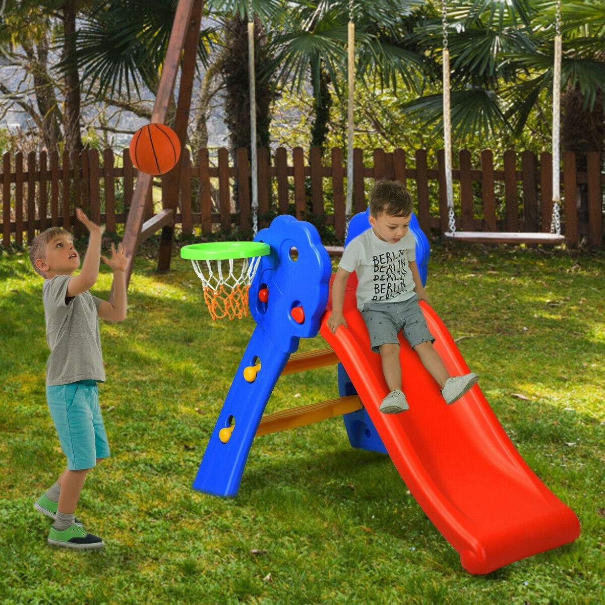 Baby Joy Folding Slide, Plastic Play Slide Climber Kids (Floral Rail +Basketball Hoop)