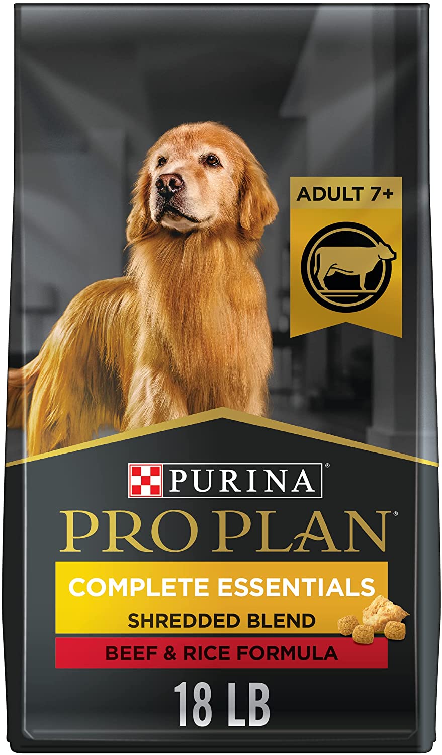 Purina Pro Plan Adult 7+ Complete Essentials Shredded Blend Beef and Rice Formula High Protein Dry Dog Food for Senior Dogs - 18 lb. Bag