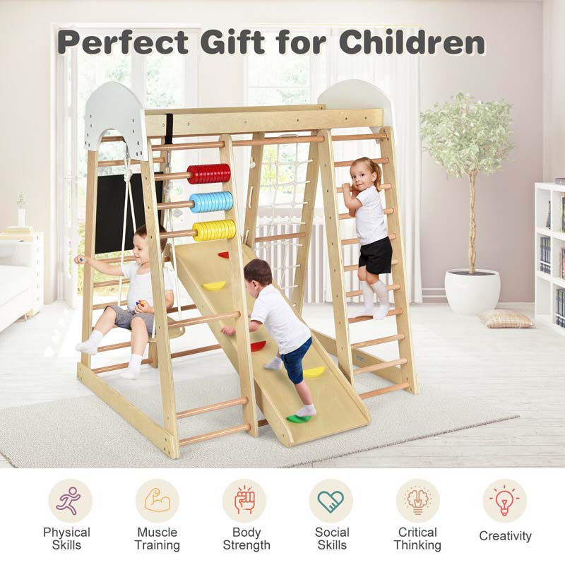 8-in-1 Wooden Climbing Toys for Toddlers, Kids Indoor Playground Jungle Gym Climber Playset with Slide