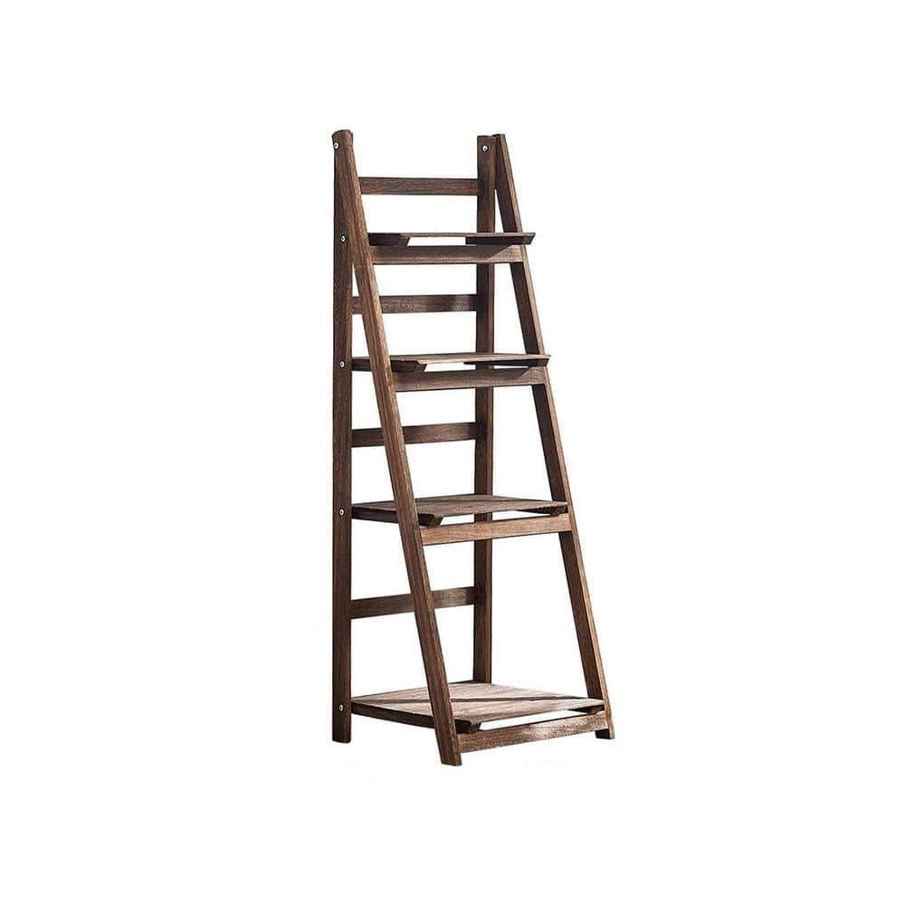 Dyiom 45 in. Outdoor Brown Foldable Ladder Shelf Patio Rustic Wood Plant Stand with Shelves (4-Tier) B07DW5N888