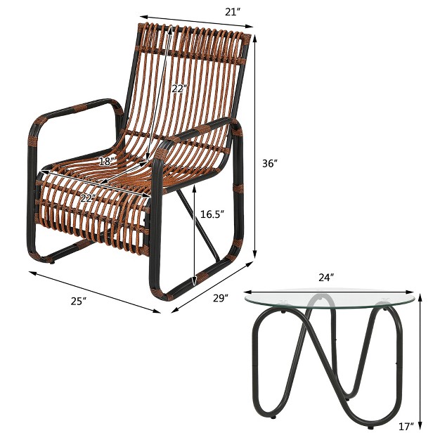 Costway 3pcs Patio Rattan Furniture Set Conversational Sofa Coffee Table Garden