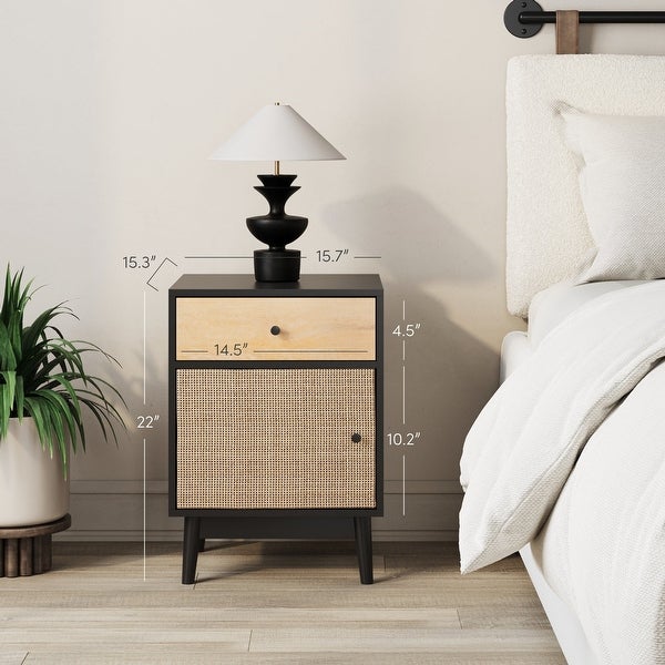 Nathan James Bonnie Bedside Table with Mango Wood Drawer and Rattan Cane Cabinet Door