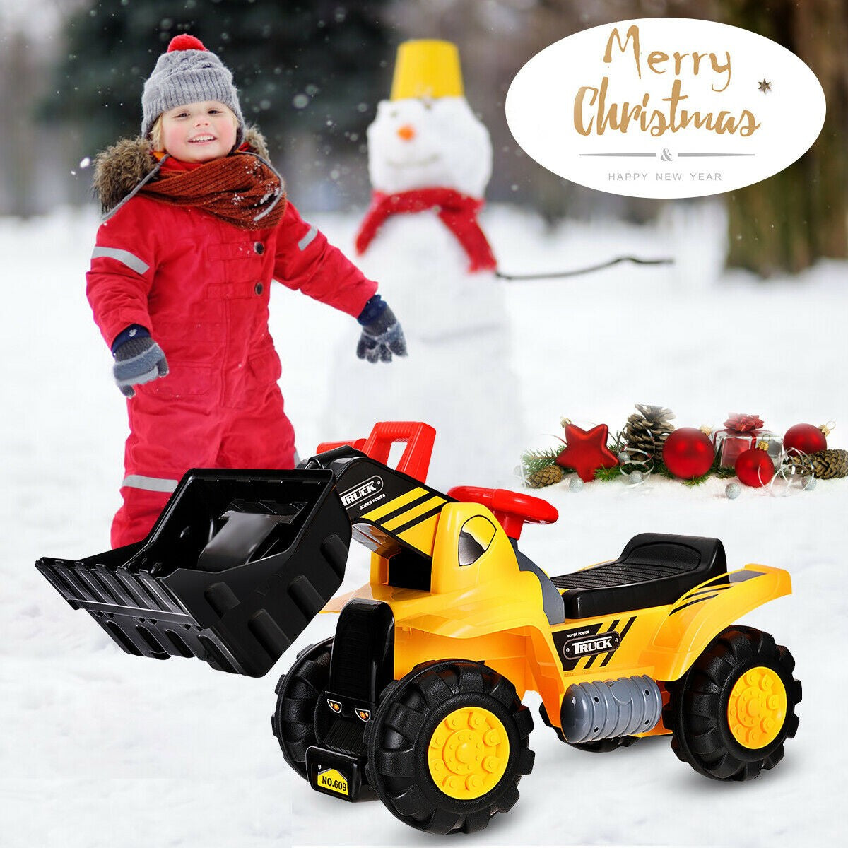 Kids Ride On Construction Bulldozer, Outdoor Digger Scooper Pulling Cart