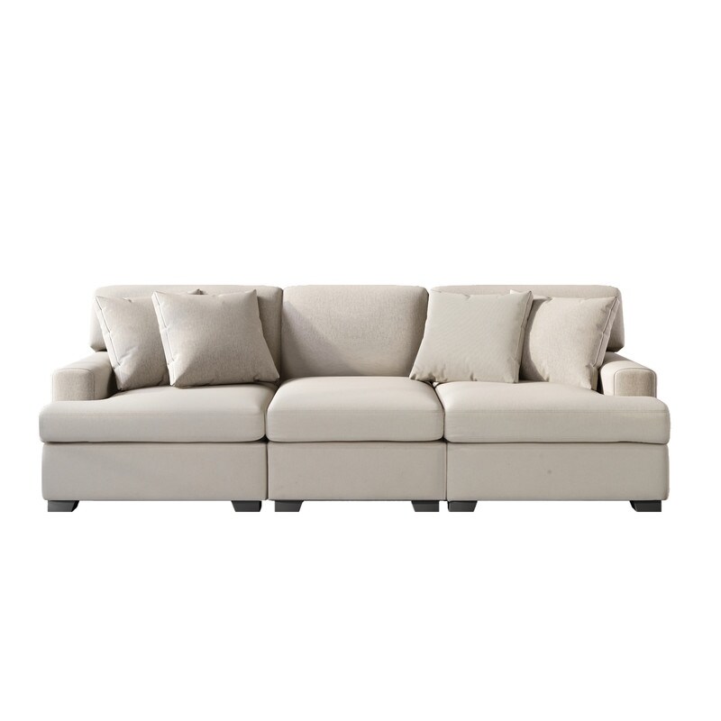 3 Seat Modern Sofa with Removable Back  Seat Cushions and 4 Comfortable Pillows  Upholstered Sofa for Living Room