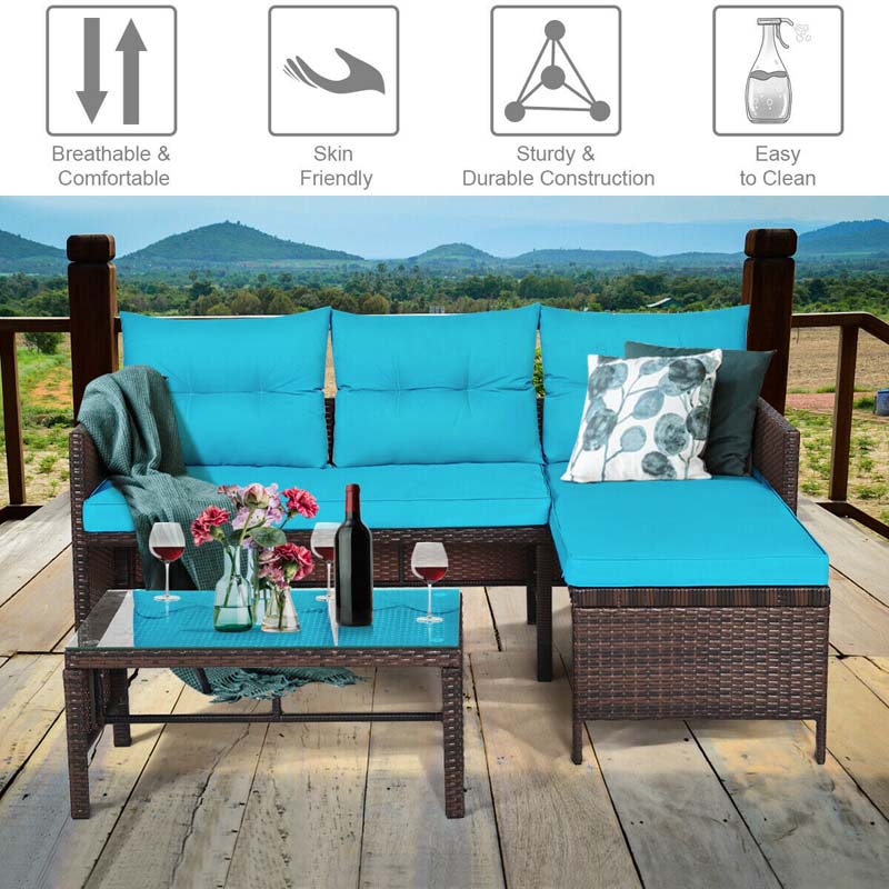 3 Pcs Rattan Patio Furniture Set Outdoor Conversation Sofa Set with Loveseat Chair & Coffee Table