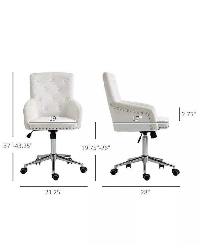 HOMCOM Modern Mid-back Desk Chair with Button Tufted Velvet Back Nailhead Trim Swivel Home Office Chair with Adjustable Height Curved Padded Armrests White