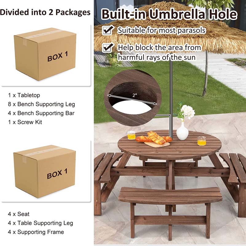 8-Person Outdoor Wooden Round Picnic Dining Table Bench Set with Umbrella Hole & 4 Benches