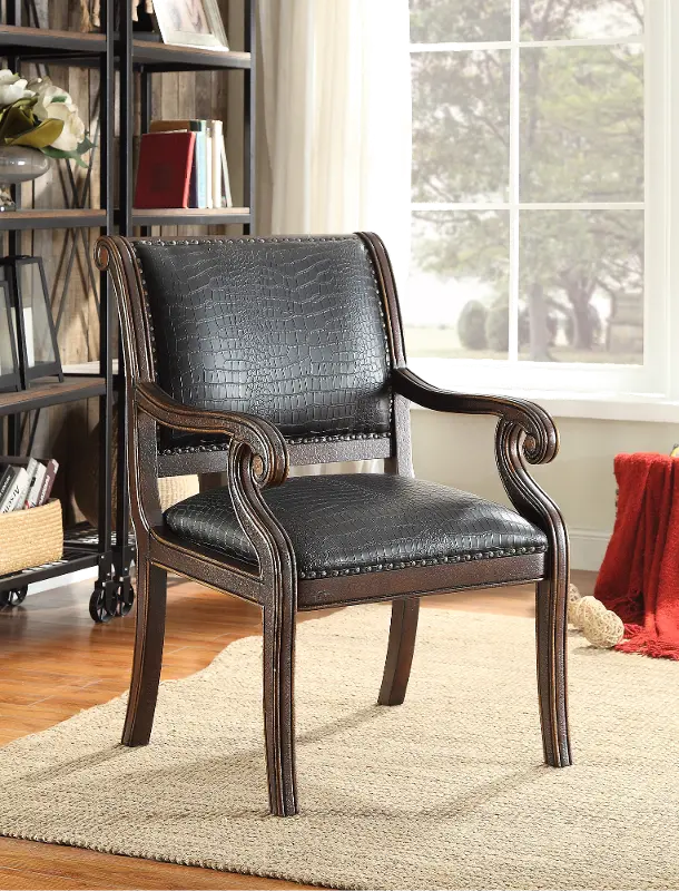 Black Leather-Like Accent Chair with Rich Brown Frame