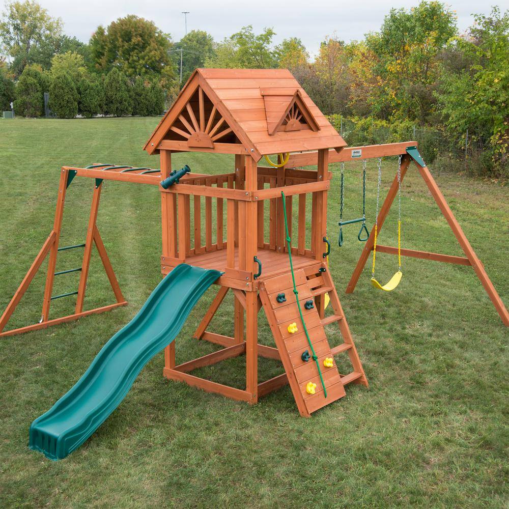 Swing-N-Slide Playsets Professionally Installed Sky Tower Plus Complete Wooden Outdoor Playset with Monkey Bars and Swing Set Accessories 6037