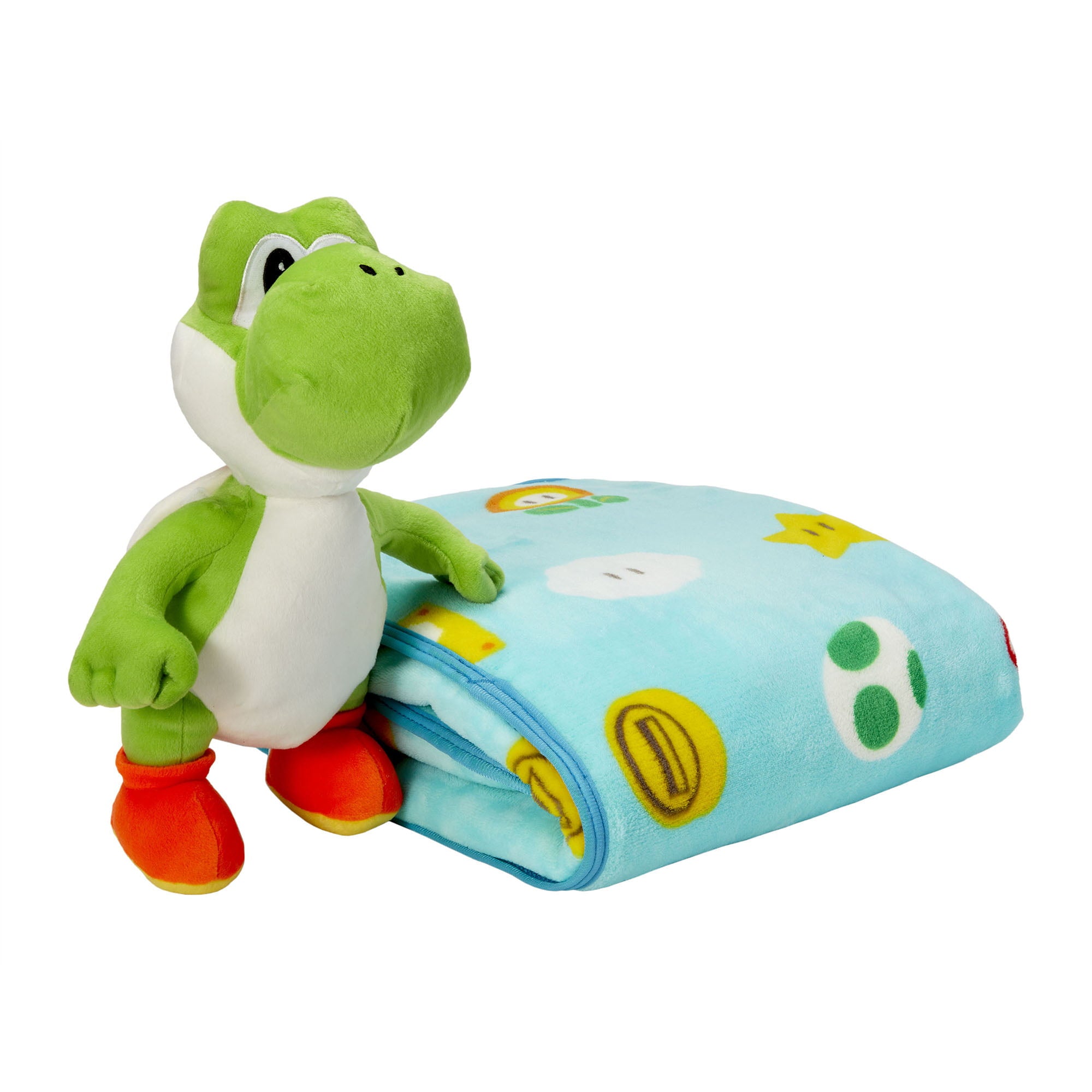 Super Mario Kids Yoshi Hugger Pillow and Fleece Throw Gift Set， 2-Piece， Teal