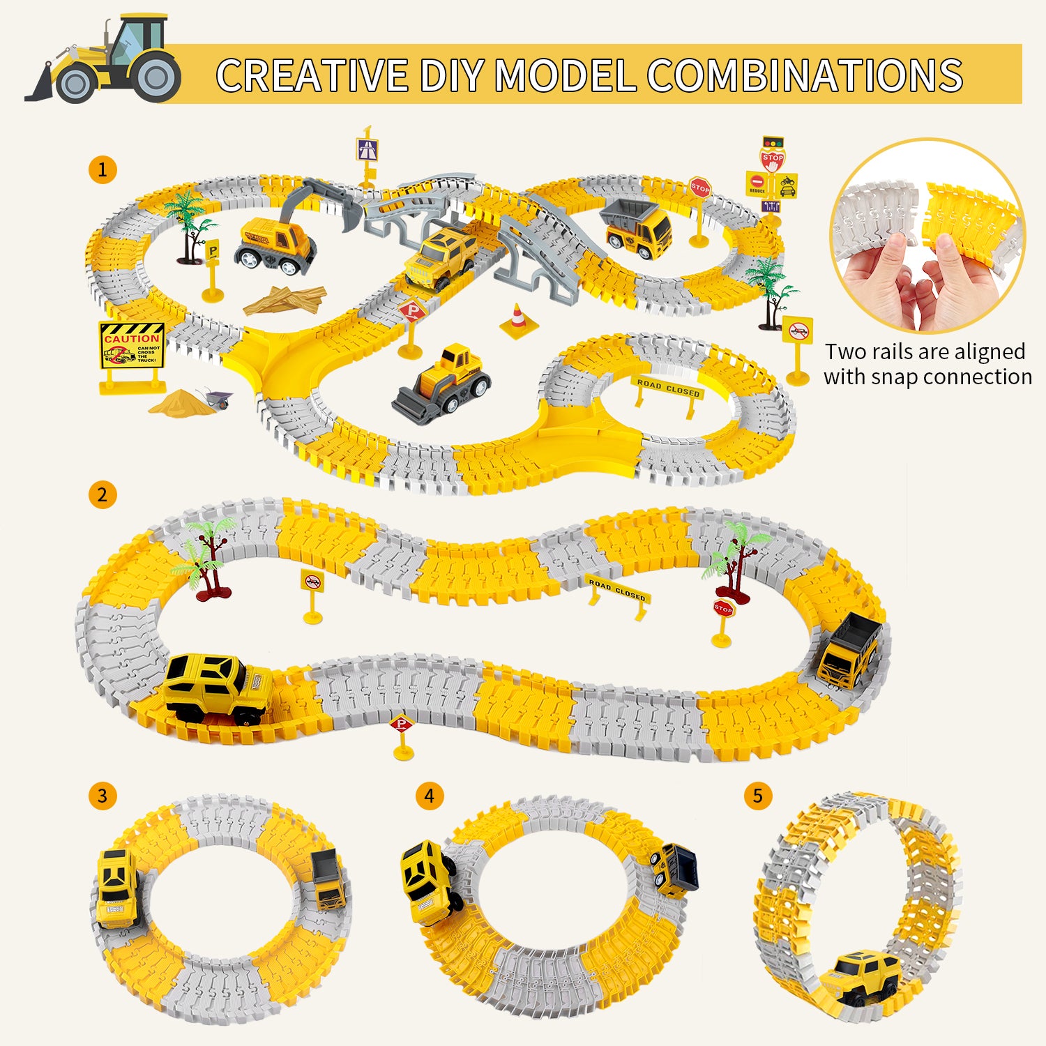 BBLIKE 255 PCS Construction Race Tracks for Kids Toys， 2 Electric Cars， 4 Construction Cars， Flexible DIY Track Set， Engineering Gifts for 3 4 5 6 Year Old Boys Girls